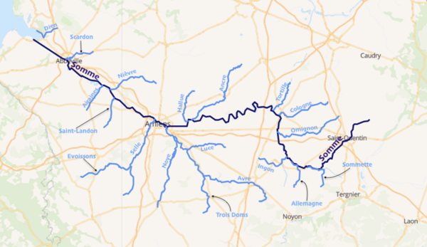 Cours de la Somme et des cours d'eau de son bassin de plus de 10 km en carte interactive.