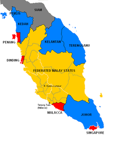 1922年的馬來亞:   馬來屬邦： 柔佛、吉打、玻璃市、吉蘭丹、丁加奴   馬來聯邦： 雪蘭莪、彭亨、霹靂、森美蘭   海峽殖民地： 檳榔嶼、麻六甲、石叻埠、天定