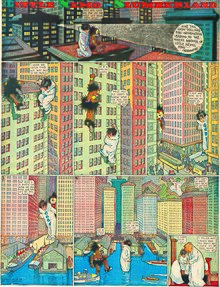 Comic strip of two giant characters wandering around a city
