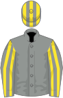 Grey, yellow striped sleeves and cap