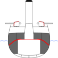 Védett cirkáló páncélzatának sematikus rajza. A vörös vonalak a hajó belsejében húzódó, ívelt páncélfedélzetet, illetve a lövegpajzsokat, a szürke mező pedig a szénraktárakat jelöli. A páncélfedélzet ez esetben nagyjából a vízvonalon van. A megtöltött szénraktárak defenzív funkciót is elláttak, oltalmazták a hajógépeket és a lőszerkamrát. A gépházat a páncélfedélzet, a szénraktárak és a dupla hajófenék fogja közre.