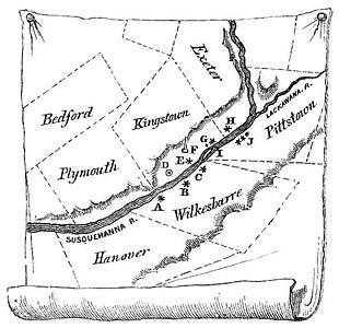 Wyoming Valley Forts: A-Fort Durkee, B-Fort Wyoming or Wilkesbarre, C-Fort Ogden, D-Kingston Village, E-Forty Fort, G-Battleground, H-Fort Jenkins, I-Monocasy Island, J-Pittstown stockades, G-Queen Esther's Rock[46]