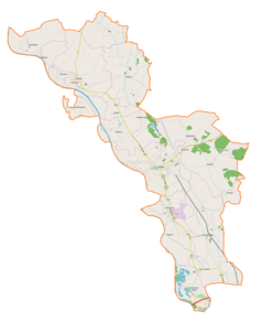 Mapa konturowa gminy Żabno, blisko centrum na prawo znajduje się punkt z opisem „Żabno”
