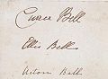 Brontë sisters' signatures as Currer (Charlotte), Ellis (Emily) and Acton (Anne) Bell.jpg
