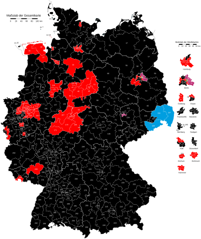 Erststimmenergebnisse (in den Wahlkreisen direkt gewählte Kandidaten) ﻿CDU/CSU: 231 ﻿SPD: 59 ﻿LINKE: 5 ﻿AfD: 3 ﻿Grüne: 1