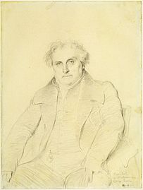 Ingres, étude pour le portrait de monsieur Bertin. Premier dessin à montrer la pose définitive qui sera adoptée dans le tableau, le caractère massif de l'attitude de Bertin n'est pas encore marqué[2].