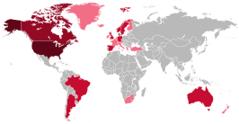 alt=Denen wereldwijd (2020) ■ Denmarken ■ +1.000.000 ■ +100.000 ■ +10.000 ■ +1.000