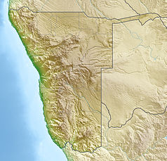 Mapa konturowa Namibii, po lewej znajduje się punkt z opisem „Zatoka Wielorybia”