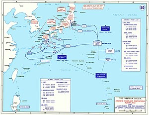 Peta garis besar kekuatan pasukan darat Jepang dan Amerika Serikat. Dua operasi militer terhadap Jepang yang direncanakan dalam peta adalah Operasi Olympic (penyerbuan ke Kyushu) dan Operasi Coronet (penyerbuan ke Honshu).