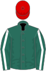 Forest green, white horseshoe, white seams on sleeves, red cap