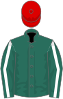 Forest green, white seams and cuffs on sleeves, horseshoe and white doves on back, red cap