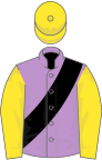 Mauve, black sash, yellow sleeves and cap