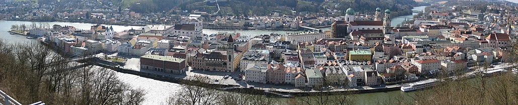 Old town from Veste Oberhaus with Danube and Inn