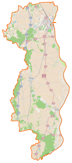 Mapa konturowa powiatu tczewskiego, blisko centrum na prawo znajduje się punkt z opisem „Rudno”