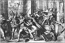 Imej gambaran percubaan pembunuhan oleh Piekarski ke atas Sigismund di Warsaw. Piekarski memegang tukul perang