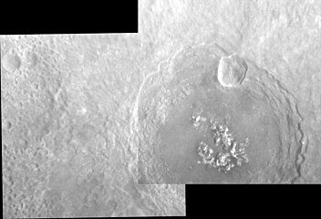 Mosaic showing most of the crater at a high sun angle. Note the bright central peak complex.