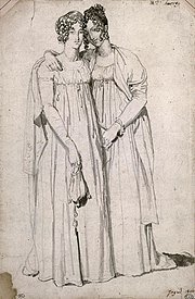Portrait de 2 jeunes filles enlacées. Dessin