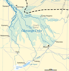 Kaart van die Okavangodelta.