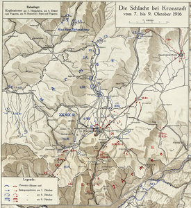 Battle of Brasov (Also note the operations at Kézdivásárhely in the northeast of the map: two Romanian units retreating from the north and northwest and forming a defensive perimeter around the town on 8–9 October)