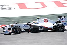 Photo de Pérez pilotant sa Sauber C30 de 2011 lors des essais libres du Grand Prix d'Espagne 2011.