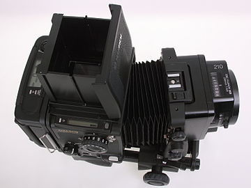 Fuji GX680III Professional Body with Long-Bellows, Folding Waist-level Finder, Roll Film Holder IIIN (landscape orientation) and EBC Fujinon Lens GX 210mm 1:5.6 (Tilt left, Shift left)
