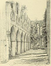 Dessin au crayon représentant les ruines d'une abbatiale gothique, vues de l'intérieur.