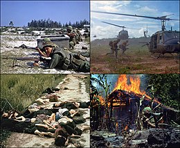 Assemblage de quatre photos de guerre réelles, dont une représente des soldats américains couchés ou embusqués, une avec deux hélicoptères de l'armée et deux soldats courant vers l'un d'entre eux, une troisième avec une série de corps humains civils sans vie (a priori asiatiques) et la dernière avec une hutte en flamme en fond et au premier plan, un soldat américain portant un bazooka à l'épaule.