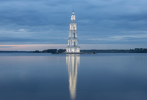 The flooded bell tower of St. Nicholas Cathedral. Kalyazin. Tver region, Russia.