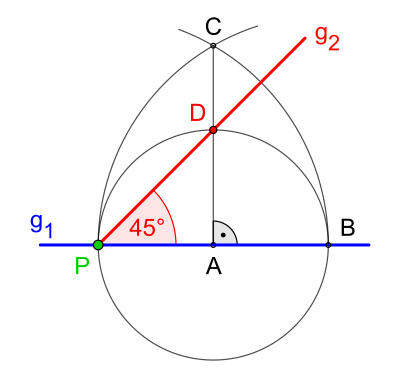 Bild 4: Antragen eines 45°-Winkels an eine Gerade in einem gegebenen Scheitelpunkt, auch möglich mithilfe eines kollabierenden Zirkels