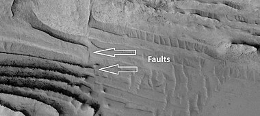 Faults in layers, as seen by HiRise under HiWish program Faults in layers, as seen by HiRise under HiWish program Image is about 1 km across.
