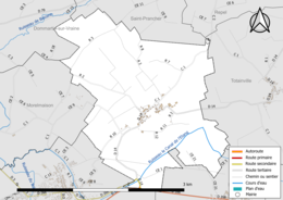 Carte en couleur présentant le réseau hydrographique de la commune