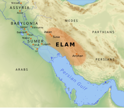 Elam İmparatorluğu'nu (kırmızı) ve komşu bölgeleri gösteren bir harita.