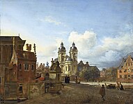 Jan van der Heyden and Adriaen van de Velde. View of Düsseldorf with the church of St. Andrew in the centre label QS:Lde,"Stadtansicht von Düsseldorf mit der Jesuitenkirche" label QS:Len,"View of Düsseldorf with the church of St. Andrew in the centre" label QS:Lpl,"Widok Düsseldorfu z kościołem św. Andrzeja w centrum" label QS:Lnl,"Stadsgezicht met de St. Andreaskerk in Düsseldorf" 1667. oil on panel medium QS:P186,Q296955;P186,Q106857709,P518,Q861259 . 51 × 63.5 cm (20 × 25 in). The Hague, Royal Picture Gallery Mauritshuis.