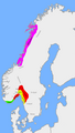 约820年时的挪威小王国范围。最重要的王国为西福尔（红）、霍拉加兰（紫）、阿尔弗海姆（黄）和阿格德尔（绿）