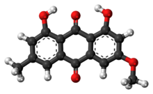 Ball-and-stick model of the parietin molecule