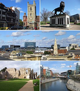 The Oracle, Town Hall and St Laurence's Church, Skyline from Reading West, Reading Abbey and Reading Festival