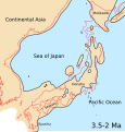 Japonské souostroví, Japonské moře a okolní části asijského kontinentu ve středním a pozdním pliocénu (3,5 - 2 Ma).