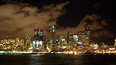 English: Waterfront at night in December, wider view