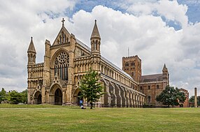 St Albans Cathedral with its long, grey-coloured nave