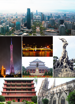 From top: Tianhe CBD, the برج کانتون & Chigang Pagoda, Haizhu Bridge, Sun Yat-sen Memorial Hall, Statue of Five Goats, Zhenhai Tower in Yuexiu Park, and Sacred Heart Cathedral.