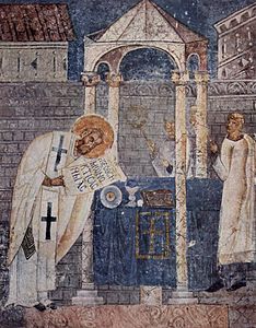 Voorstelling van Basilius met zijn eucharistisch gebed (11e eeuw), fresco, Sofiakerk (Ohrid)