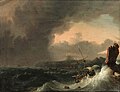 Schip in de storm bij rots door Hendrik Rietschoof (1678-1746)