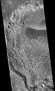 West side of Danielson Crater, as seen by CTX camera (on Mars Reconnaissance Orbiter). Danielson has a great deal of regular layering.