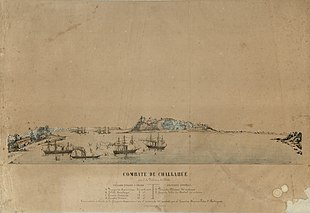 litografia que representa el combate de Challahué, con barcos en la bahia