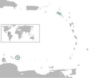 Karayip Hollandası'nın konumu (yeşil ve yuvarlak içinde). Soldan sağa doğru: Bonaire, Saba, Sint Eustatius.