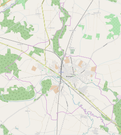 Mapa konturowa Białogardu, blisko centrum na prawo znajduje się punkt z opisem „Parafia pw. Narodzenia Najświętszej Maryi Panny w Białogardzie”