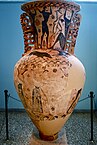 Fig. 2. Two wingless cauldron-headed Gorgons with wasp-shaped bodies chase Perseus (on the body of the vase below the neck); Eleusis Amphora, Eleusis, Archaeological Museum 2630 (mid seventh century BC)[67]