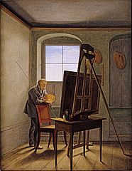 Georg Friedrich Kersting Friedrich in his studio label QS:Len,"Friedrich in his studio" label QS:Lpl,"Friedrich w swojej pracowni" 1819