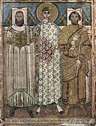 Mosaico representando a san Demetrio con el obispo y el gobernador de Salónica (siglos VI-VII)