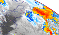 Imej satelit timur laut Amerika Syarikat dan barat Lautan Atlantik, yang memaparkan gambaran siklon yang lemah